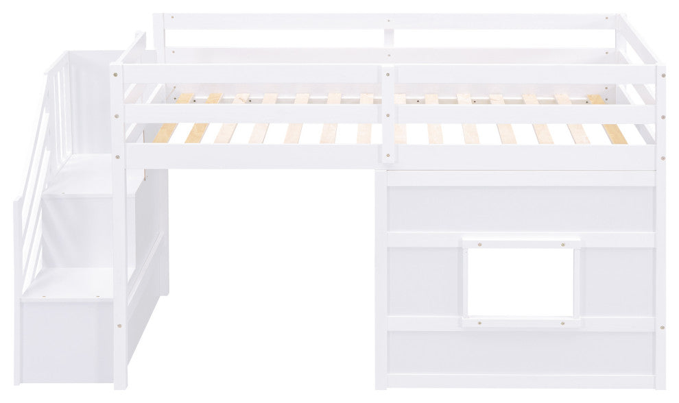 Gewnee Twin Size Loft Bed with Storage Staircase and Window