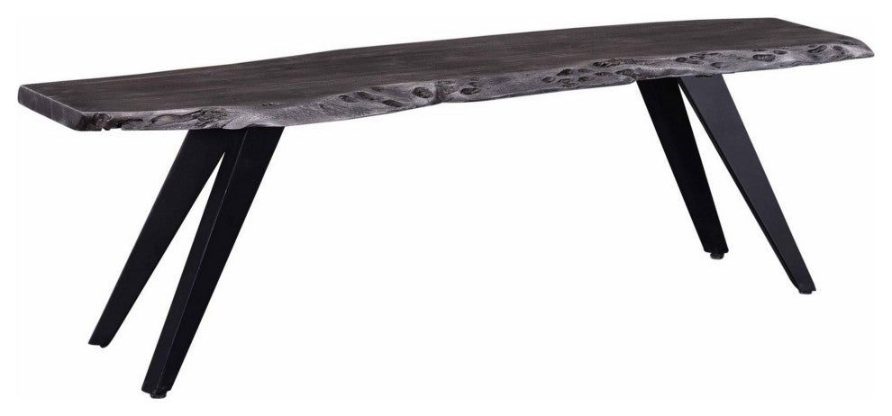Benzara BM286418 Dining Bench, Acacia Wood, Live Edge, Gray, Black