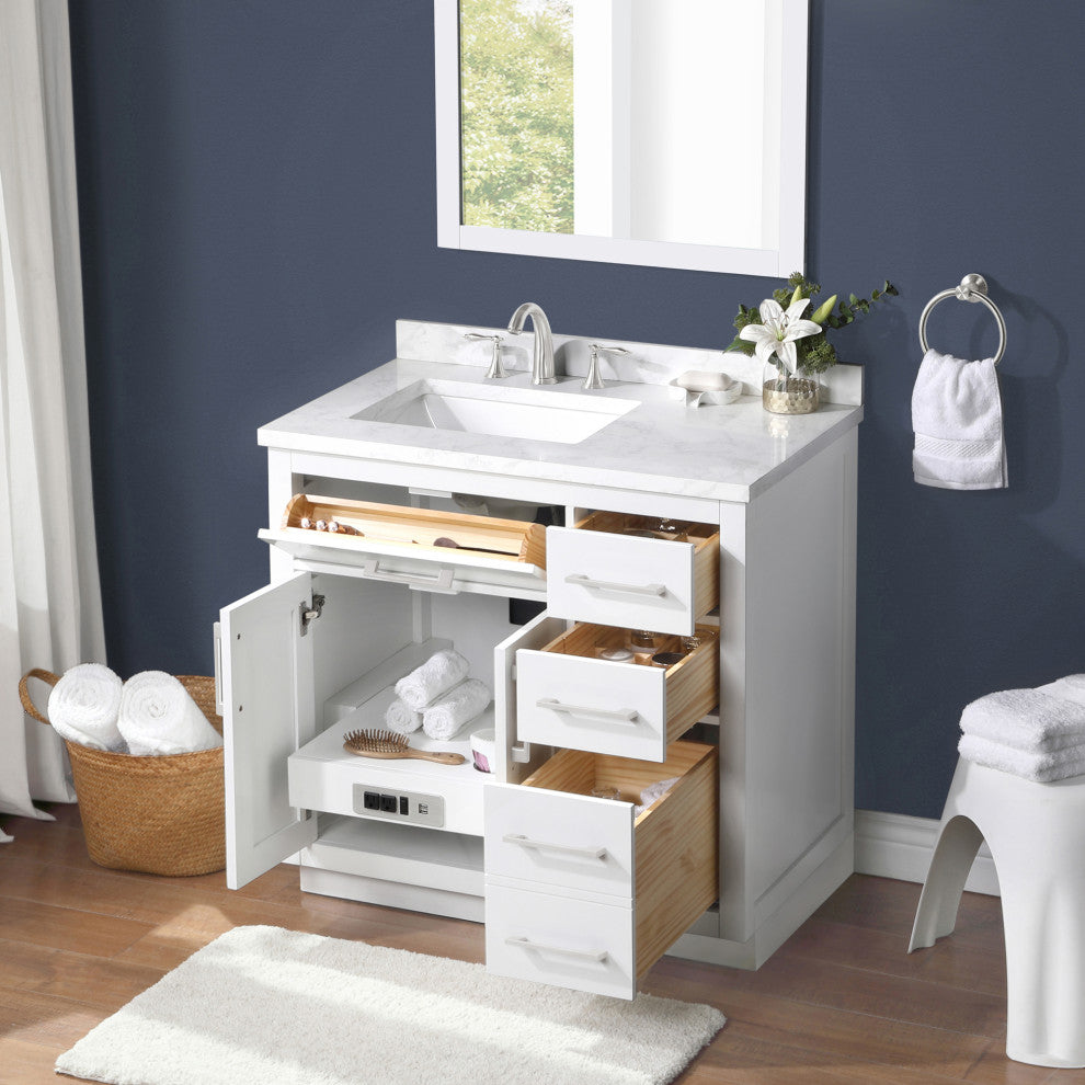 OVE Decors Athea 36" Vanity, Black Hardware, Power Bar, White