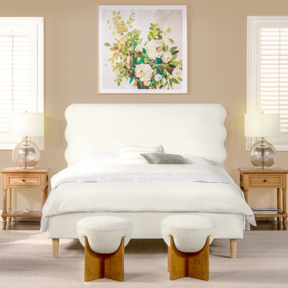 Stockholm Modern Wavy Headboard Platform Bed, Antique White Polyester, Queen