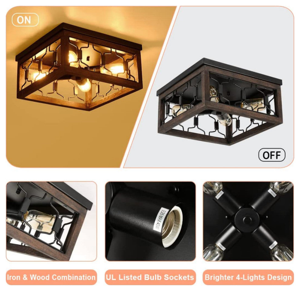 4 Lights square Ceiling Light Fixture farmhouse Vintage Industrial Close
