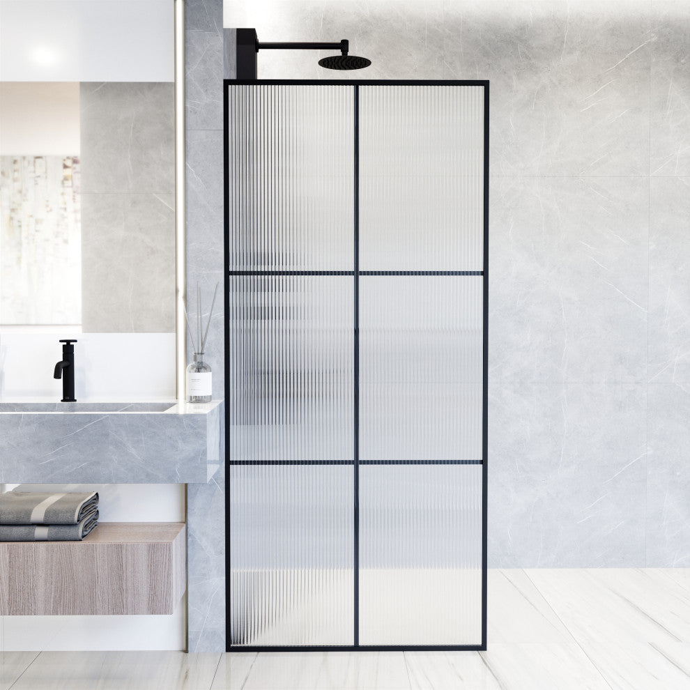 VIGO Ventana 34" W x 74"H Framed Fixed Shower Screen, Matte Black, Fluted Glass