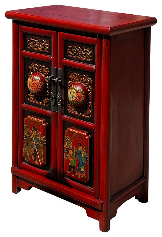 Chinese Distressed Brick Red Carving Tall Side End Table Nightstand Hcs7611