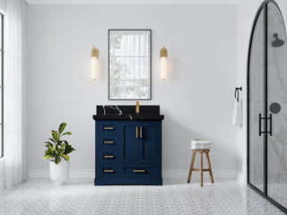 Boston 36 Right Offset Bath Vanity in Navy Blue 2" Calacatta Black