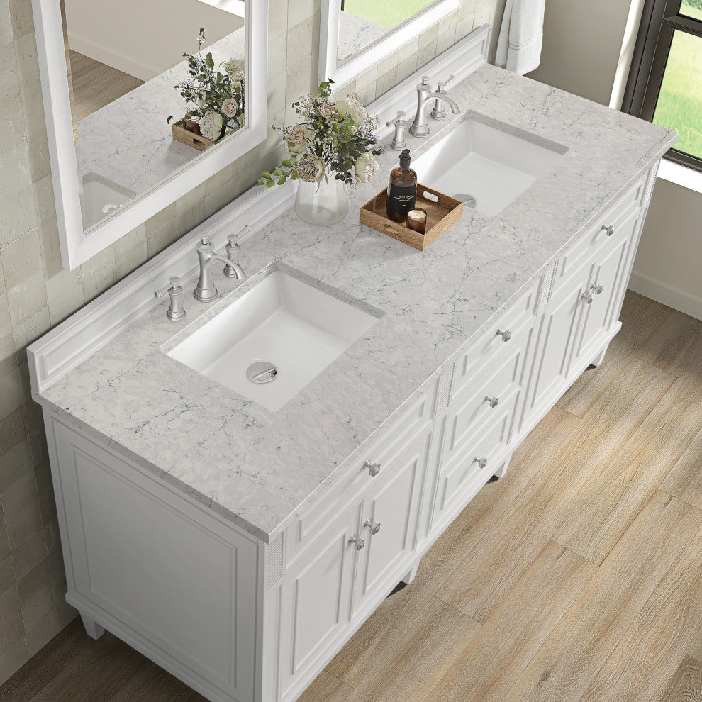 Lorelai 72" Double Vanity, Bright White, 3 CM Eternal Jasmine Pearl Top
