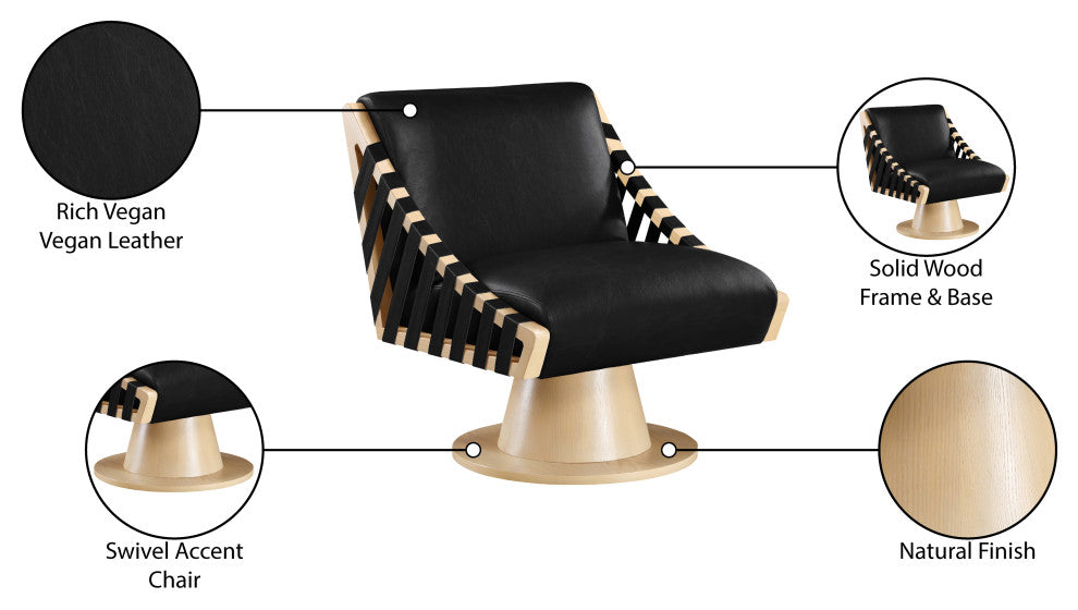 Millwin Upholstered Swivel Accent Chair, Black, Vegan Leather, Natural Finish