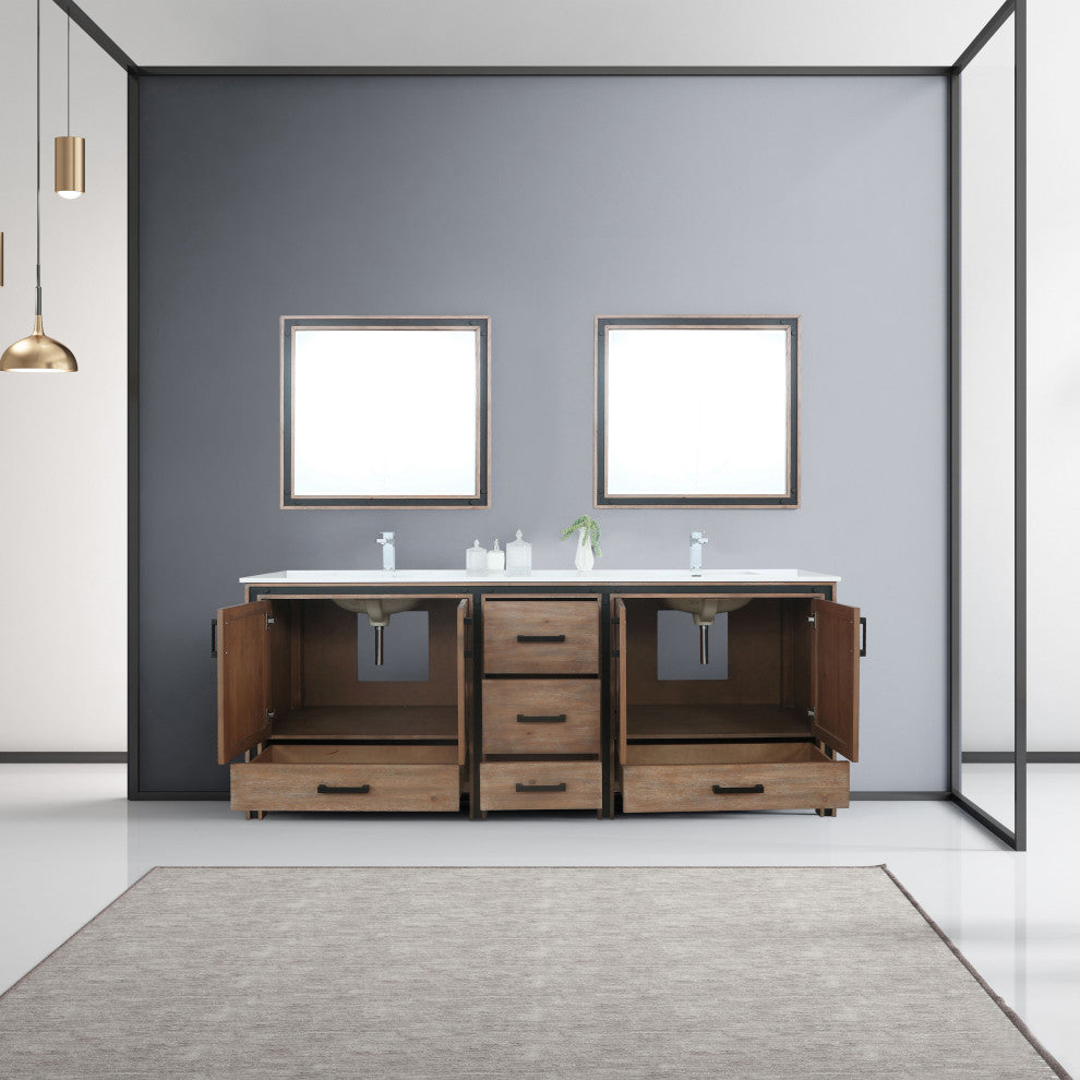 Ziva 84 Barnwood DB Vanity, Cultured Marble Top, Square Sink, 34 Mirrors, Faucet