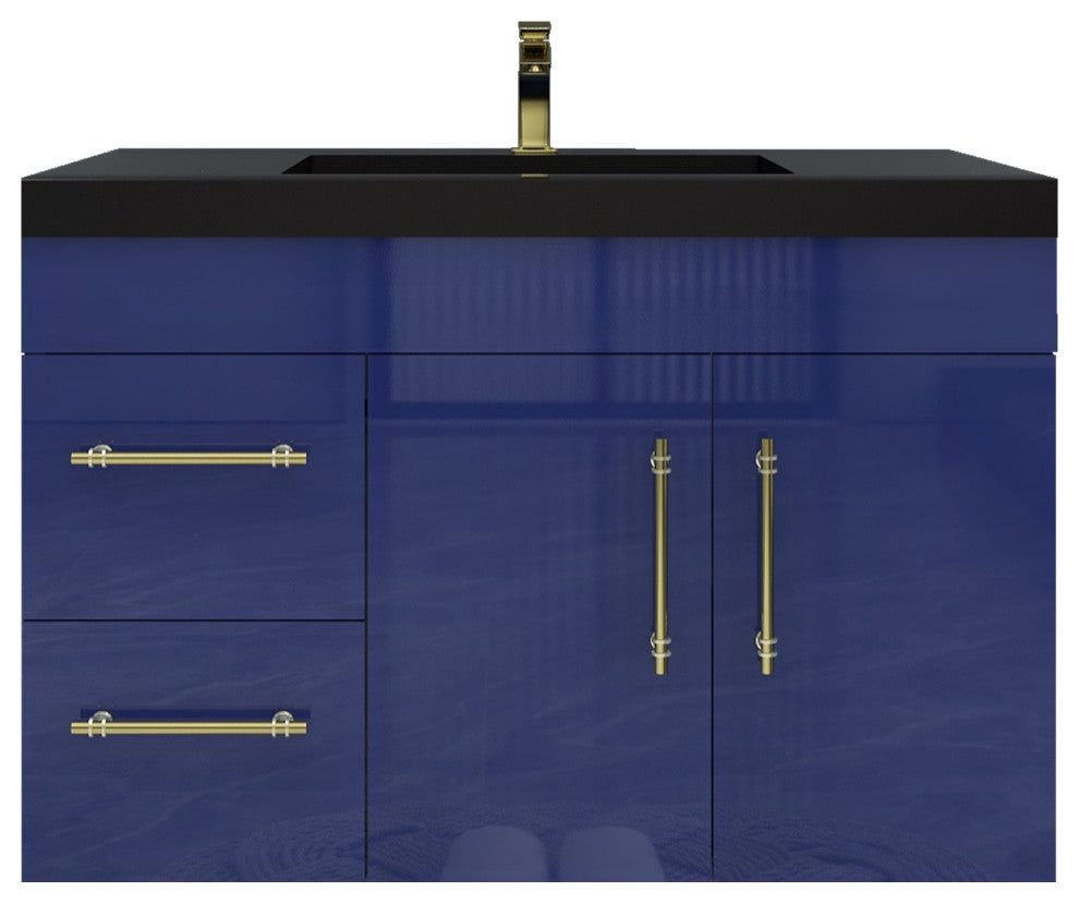 Rosa 36" Wall Mounted Modern Vanity, High Gloss Night Blue, Matt Black Top