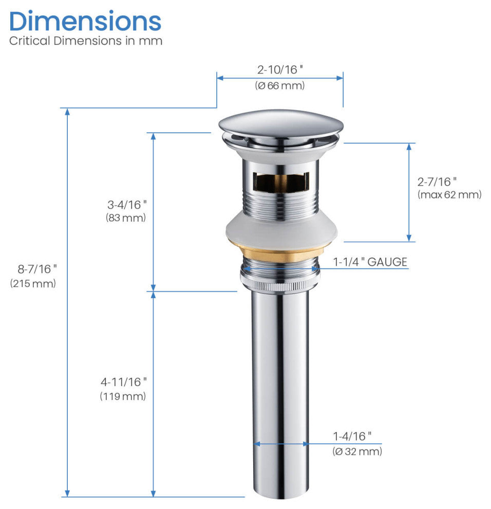 Pop Up Drain Stopper Full Cover With Overflow, KPW102, Chrome