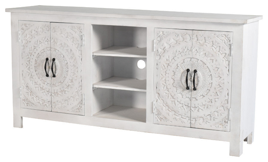 64" Distressed Whitewash Farmhouse Boho Chic Hand Carved Cabinet