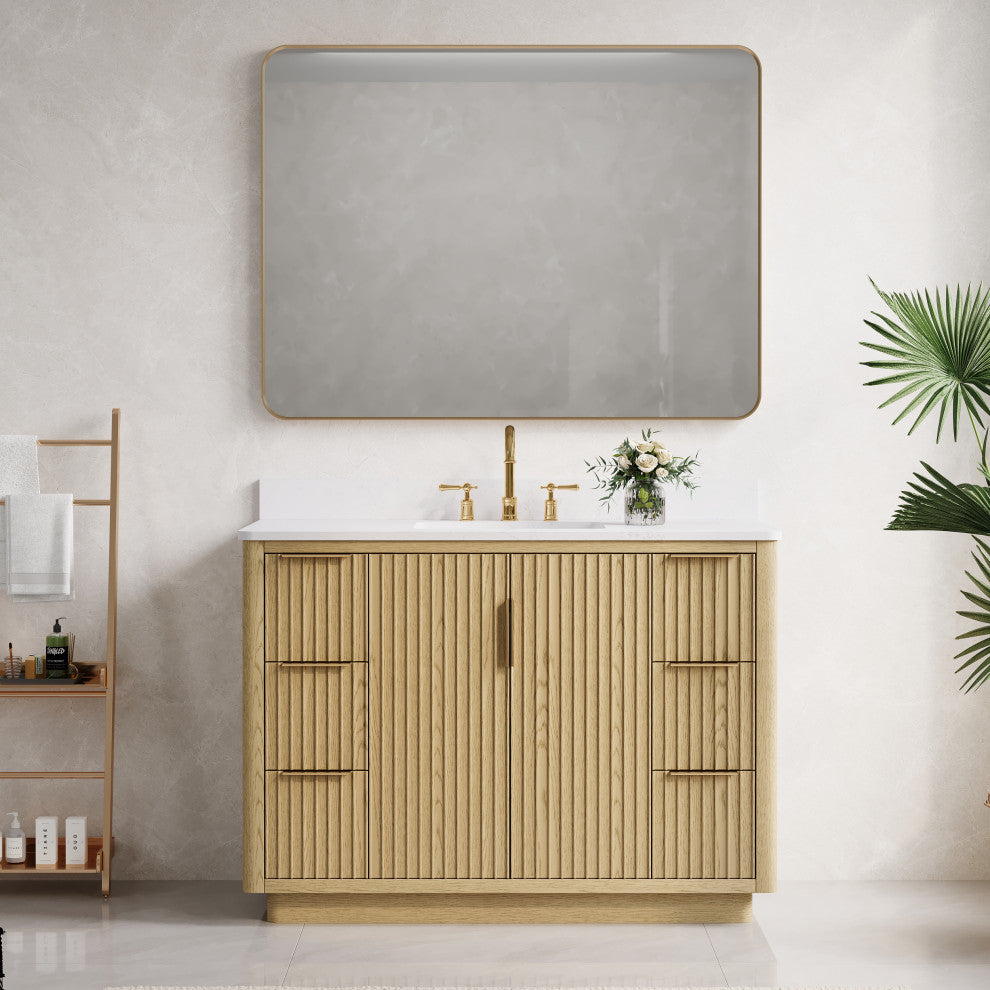 Solid Wood Freestanding Bathroom Vanity with White Quartz Top and Backsplash, 48"