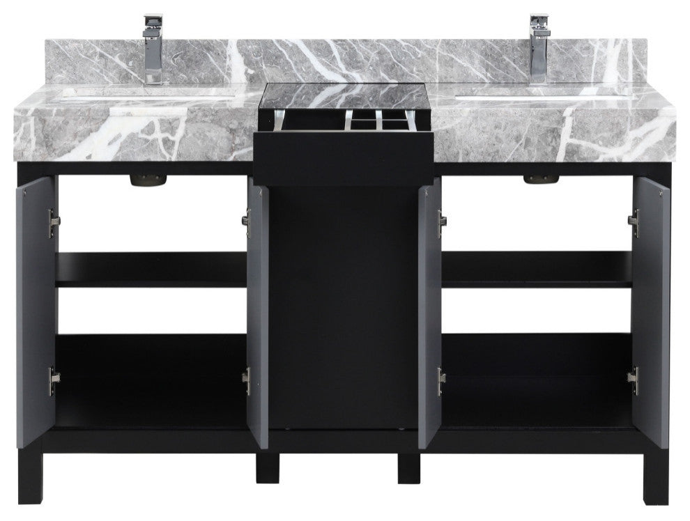 55" Double Vanity, Marble Tops, White Square Sinks, And Monte Chrome Faucet Set