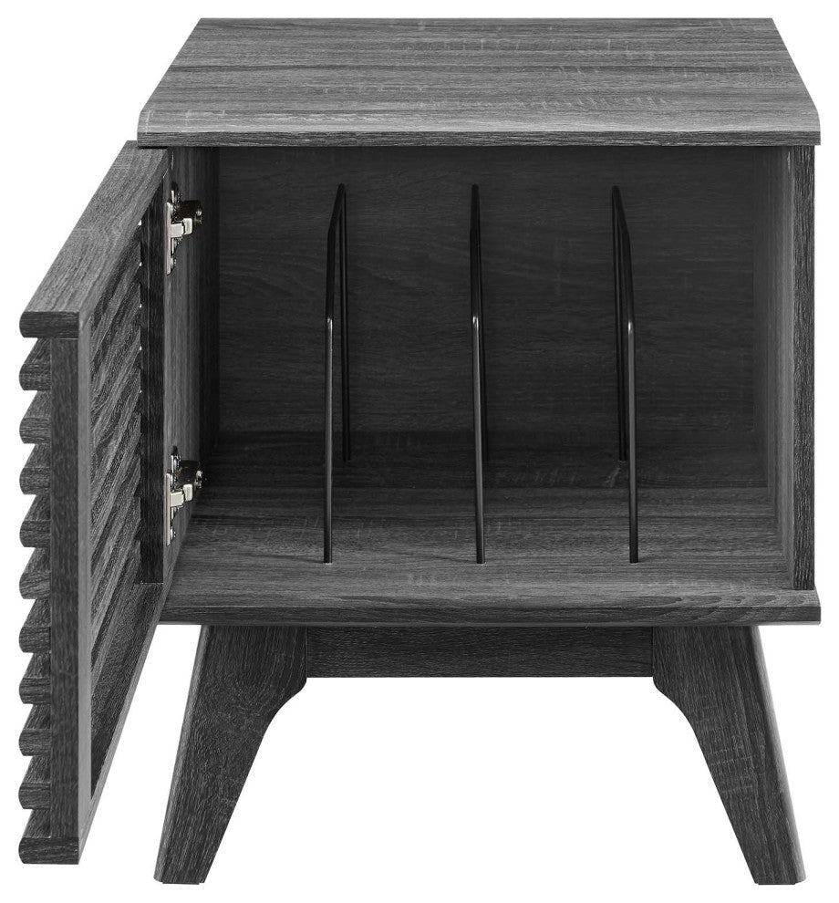 Vinyl Record Side Table Cabinet Stand, Charcoal Gray, Wood, Mid Century