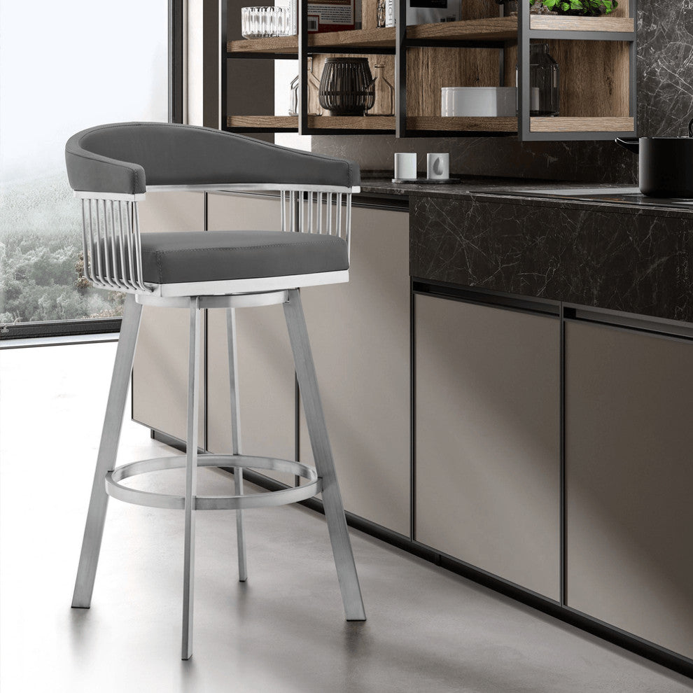 30" Mod Grey Faux Leather Brushed Silver Finish Swivel Bar Stool