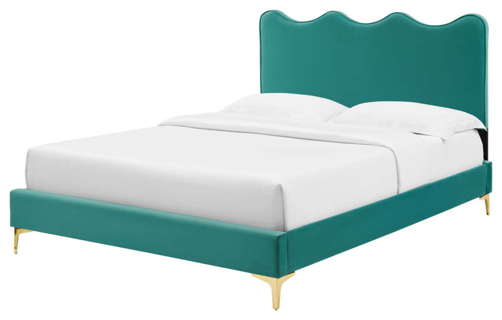 Platform Bed Frame, King Size, Teal Blue, Velvet, Modern, Bedroom Guest Suite