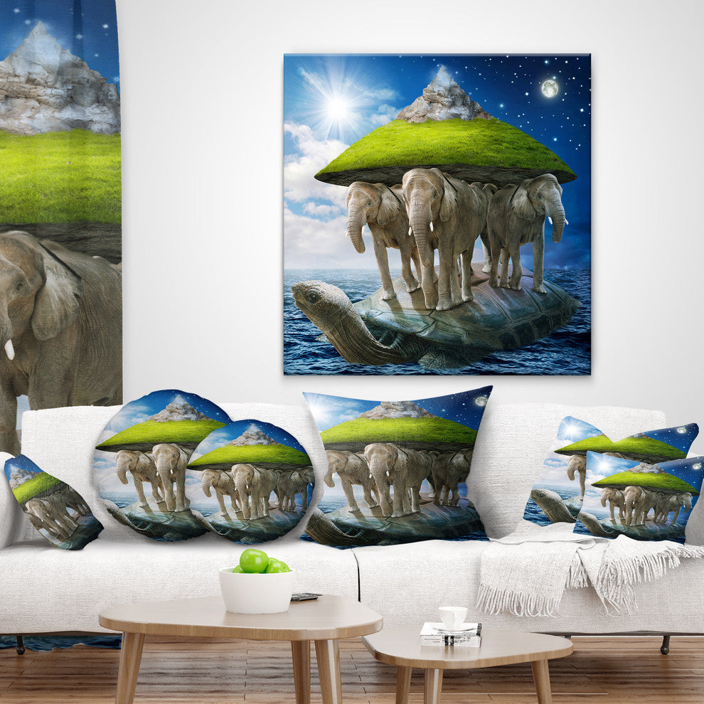 Giant Turtle Carrying Elephants Abstract Throw Pillow, 18"x18"