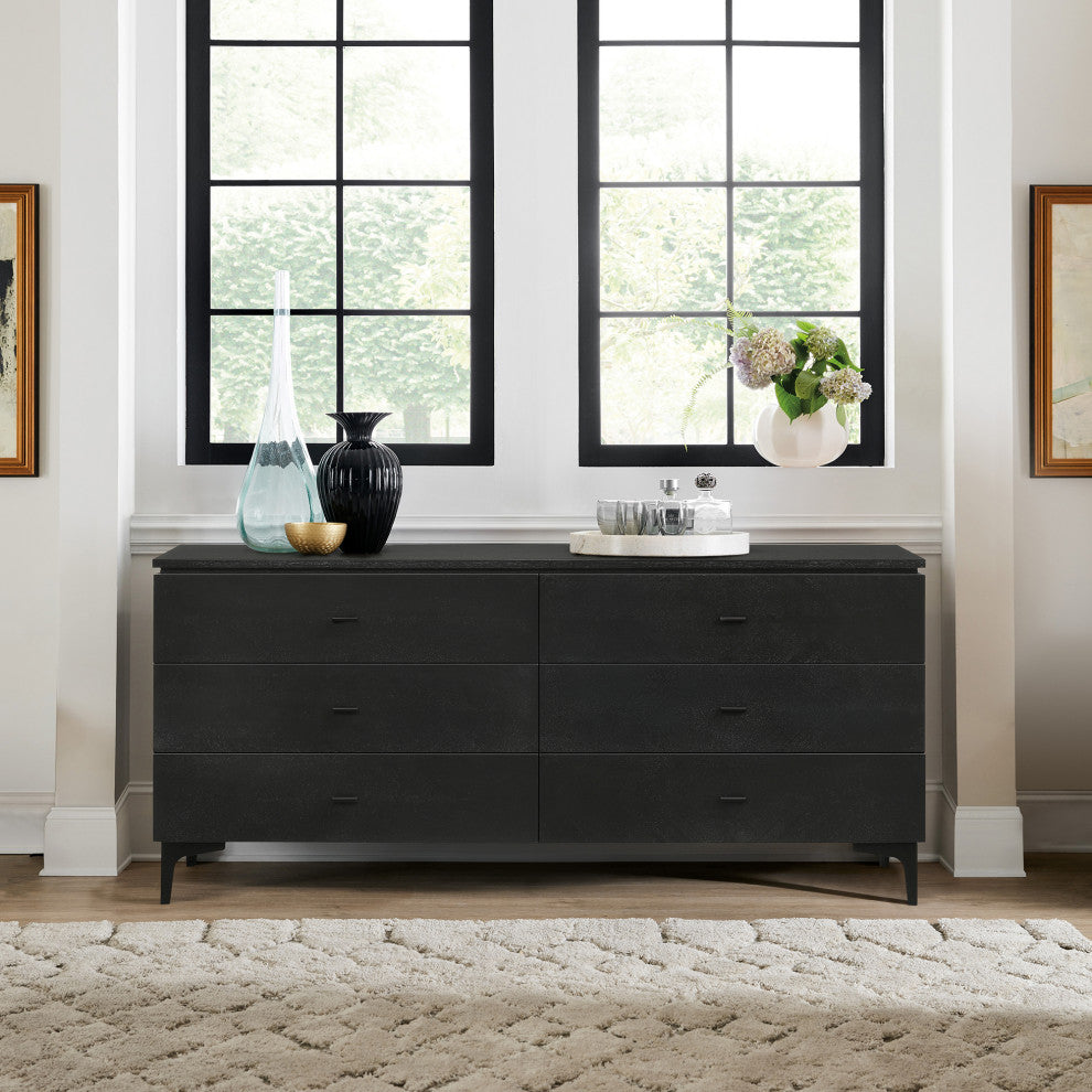 Legend Black Glaze Ash Veneer 6 Drawer Dresser with Metal Legs