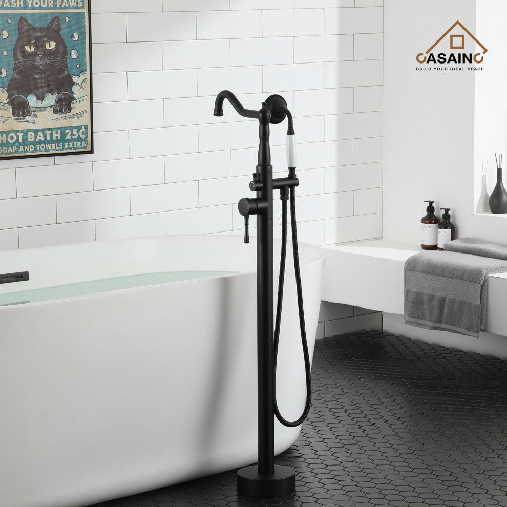 Single Handle Classical Freestanding Bathtub Faucet with Hand Shower Hand, Matte Black