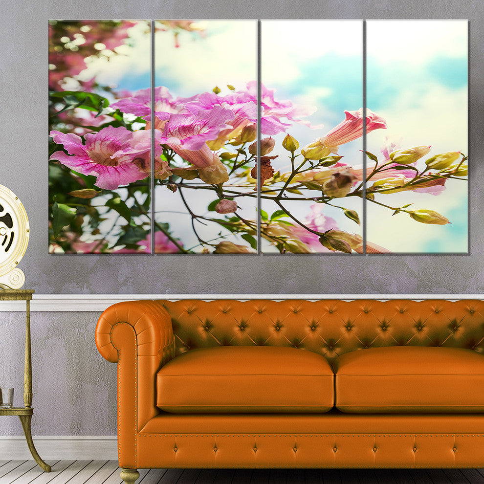 Pink Flowers in Hawaiian Garden, Large Flower Canvas Wall Art, 48"x28", 4 Panels
