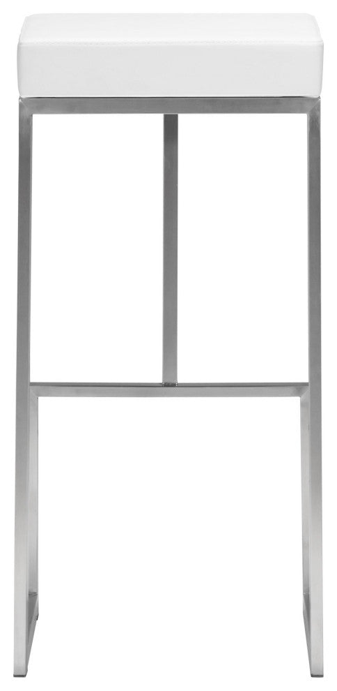 Bar Stool Chair Barstool, Set of 2, Faux Vinyl Leather, Steel, White, Silver