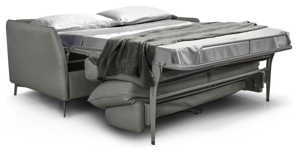 Dodo Sofa Bed, Top Grain Italian Leather, Stainless Steel Mechanism, Dark Gray