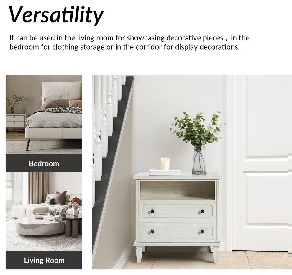 Drawer Solid Wood Nightstand Set of 2, White