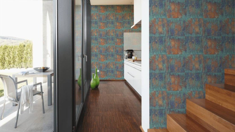 Textured Wallpaper Stone, Blue Bronze Brown Copper Metallic Turquoise, Sample