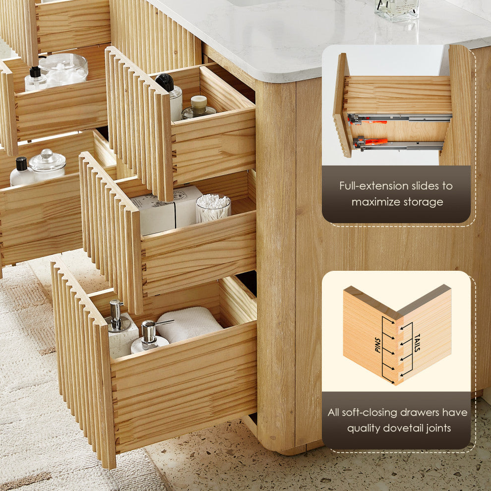 Clayton Bathroom Vanity, Washed Light Brown, 84", No Mirror