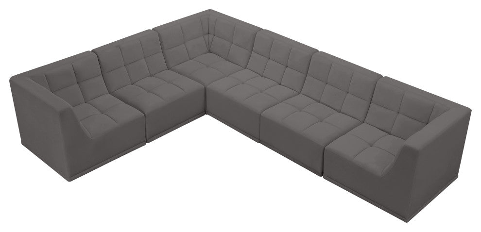 Relax Velvet Upholstered 6-Piece L-Shaped Modular Sectional, Grey