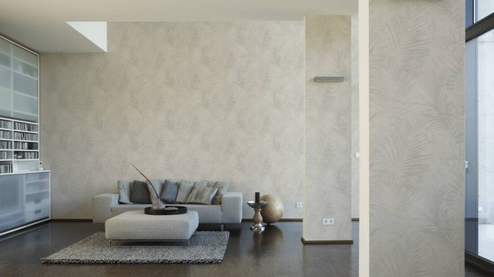 Floral Textured Wallpaper, Palm Tree Leaves, 374113, Beige Cream Gray, 1 Roll