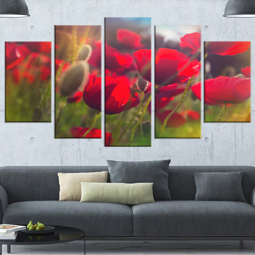 Thick Red Poppy Flowers, Floral Canvas Art Print, 60"x32", 5 Panels