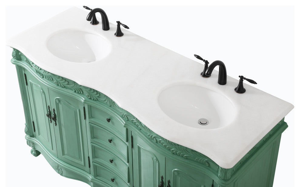 60" Double Bathroom Vanity, with Ivory White Engineered Marble in Vintage Mint