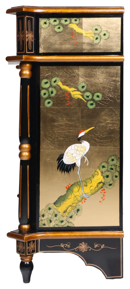 Empire Style Oriental Cabinet, Black lacquer With Gold Leaf Handpainted, 32"