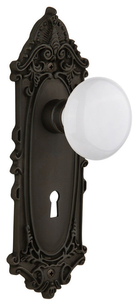 Victorian Plate Interior Mortise White Porcelain Door Knob, Oil-Rubbed Bronze