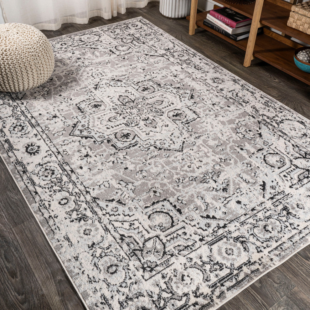 Denia Ornate Geometric Medallion Area Rug, Dark Gray, 2 X 8