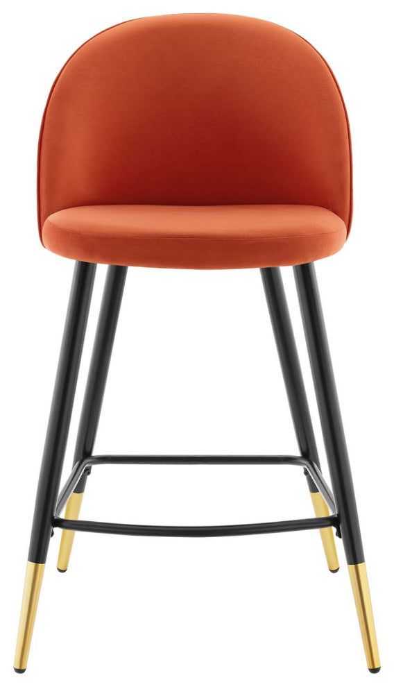Counter Stool Chair, Set of 2, Velvet, Metal, Orange, Modern, Bar Pub Bistro