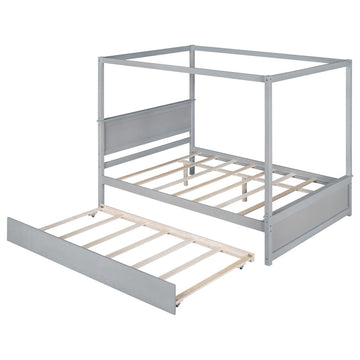 Full Wood Frame Canopy Platform bed with Trundle Bed, Grey, Full