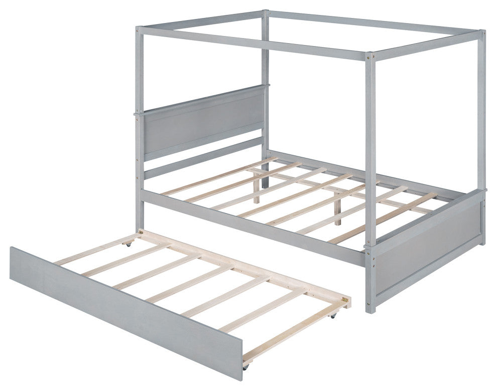 Full Wood Frame Canopy Platform bed with Trundle Bed, Grey, Full