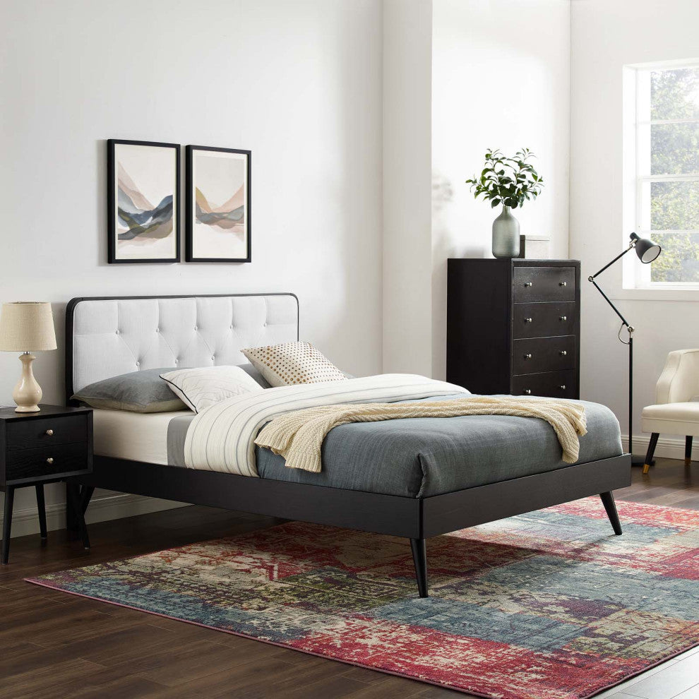 Platform Bed Frame, Queen Size, Fabric, Wood, Black White, Modern Mid-Century