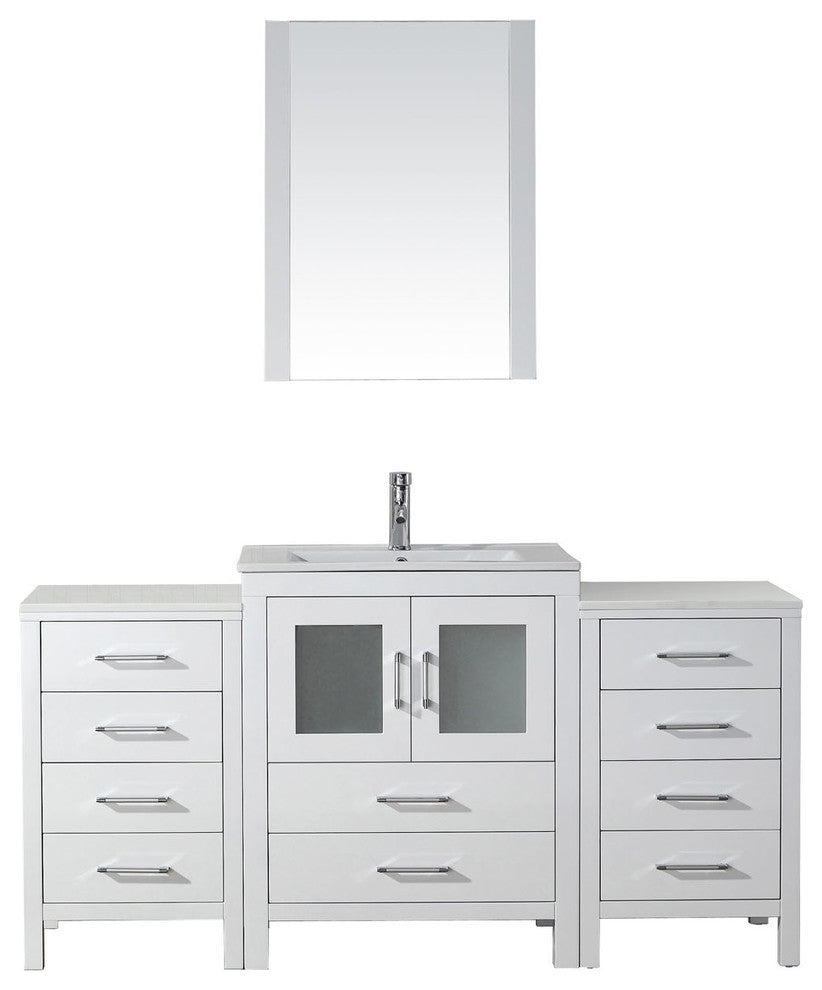 Virtu Dior 64" Single Bathroom Vanity, White, Brushed Nickel Faucet and Mirror