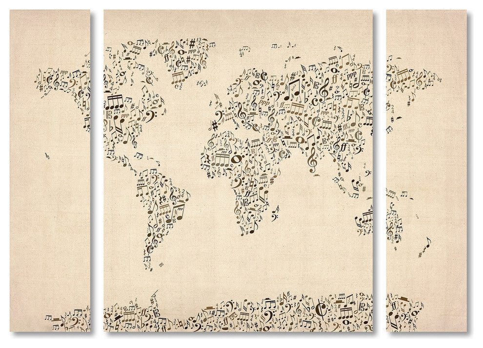 Michael Tompsett ''Music Note World Map'' Multi Panel Art Set, 41"x30"