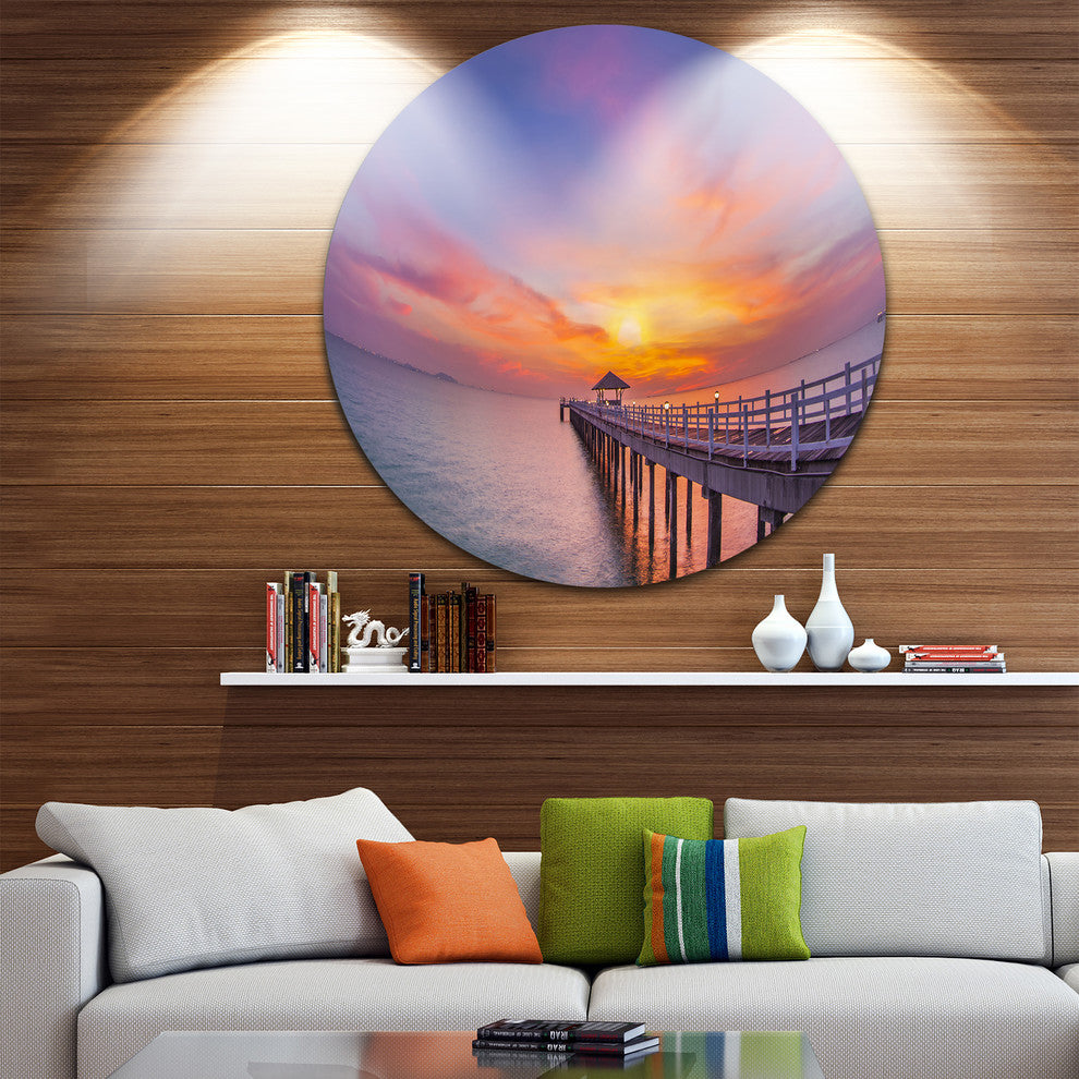 Wooden Bridge Long Into The Ocean, Sea Pier Disc Metal Wall Art, 36"