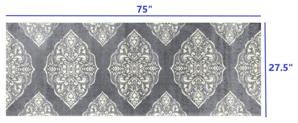 2' x 6' Gray and Ivory Scallop Medallion Washable Runner Rug
