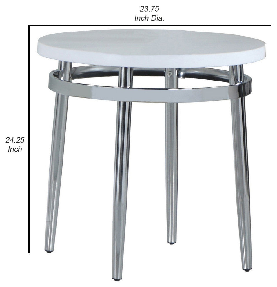Benzara BM242057 Round Faux Marble Top End Table With Metal Tubular Legs, White