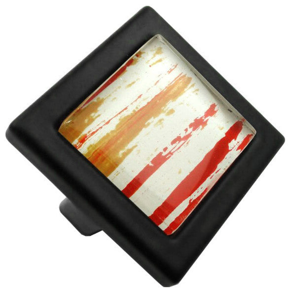 Hand Brushed Red Orange Streaks Crystal Glass Black Metal Square Manor Knob