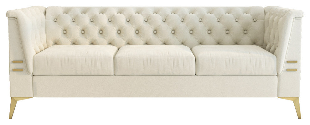 82.7'' Chesterfield Velvet Square Arm Sofa with Gold Leg, Beige