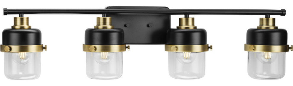 Beckner 4-Light Matte Black Clear Glass Bath Light With Vintage Brass Accents