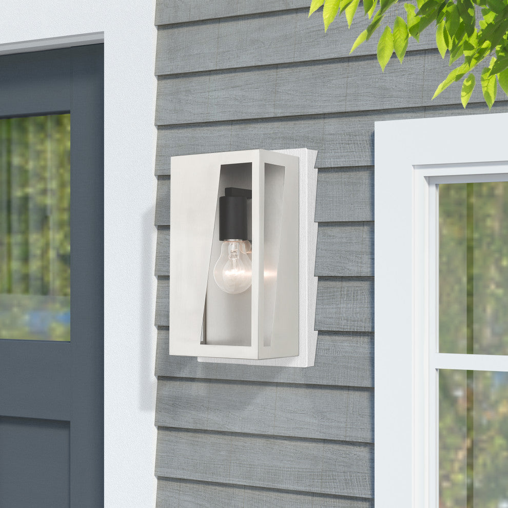 Forsyth 1-Light Brushed Nickel Outdoor Medium ADA Wall Lantern, Black Accents