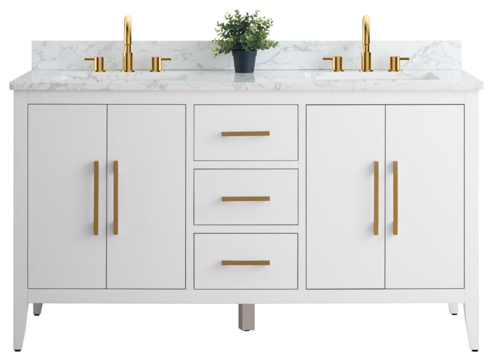 Vanity Art Bathroom Vanity With Sink, White, 60", Double Sink, Golden Brushed