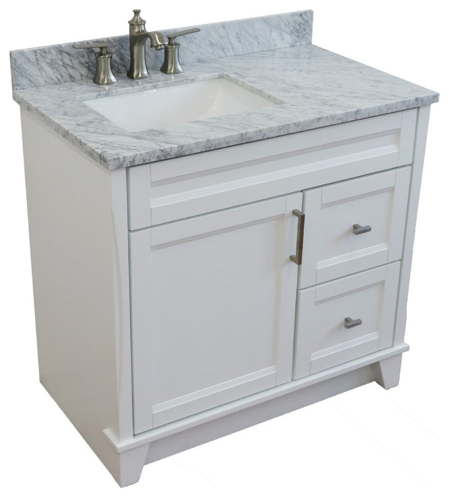 37" Single Sink Vanity, White Finish With White Carrara Marble